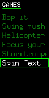 Games list: Bop it, Swing rush, Helicopter, Focus your force, Stormtrooper patrol, Spin Text