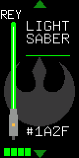 Home screen showing the name REY, a green blade and the Rebel insignia